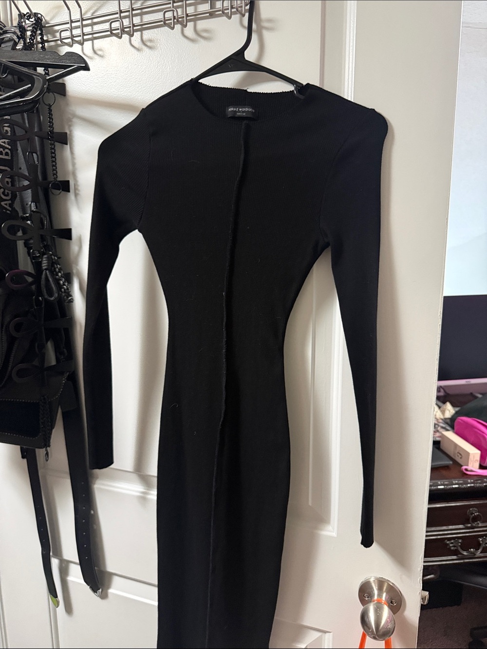 naked wardrobe Black Long Sleeve Ribbed Bodycon Dress